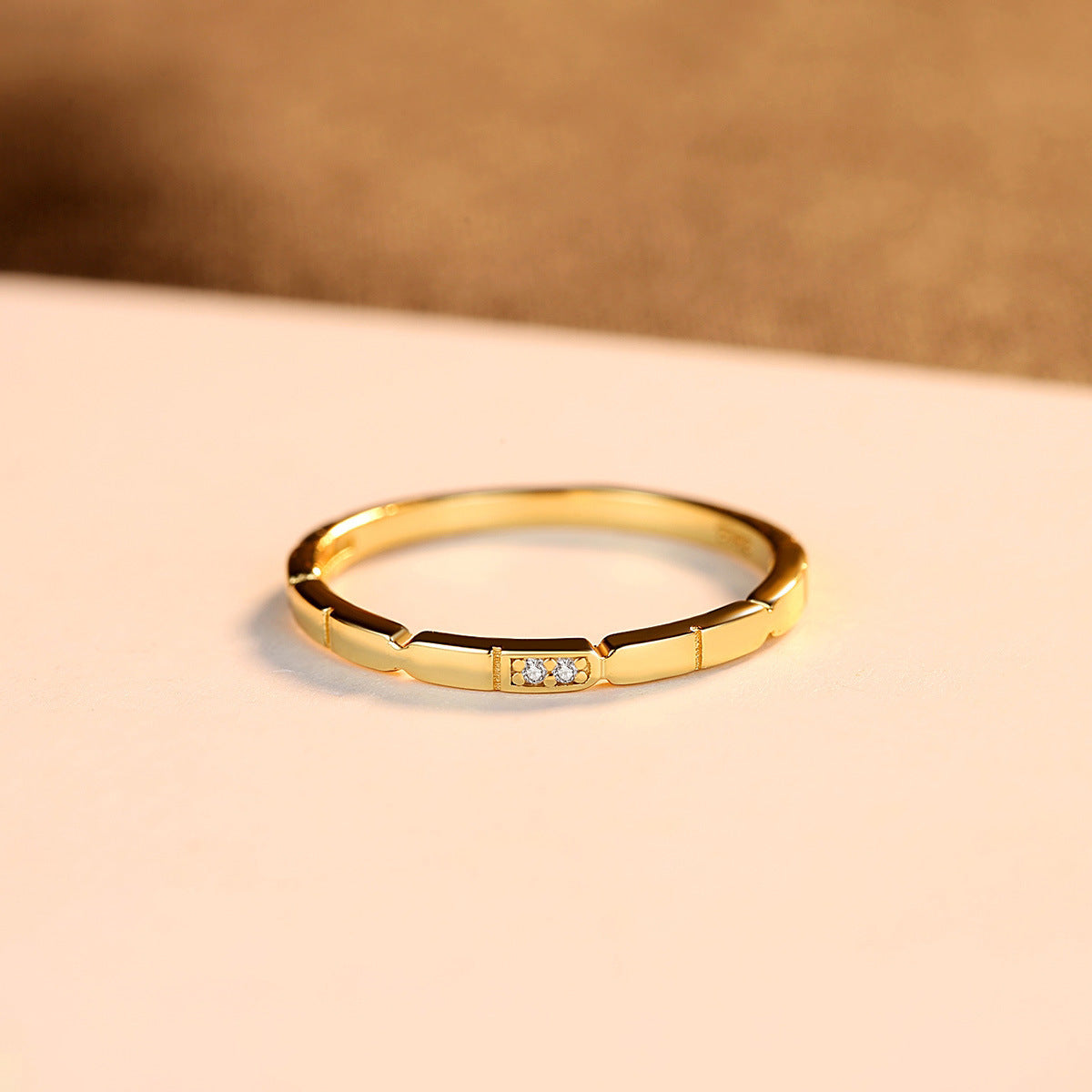 925 Silver Gold Plaid With Round Zircon Ring