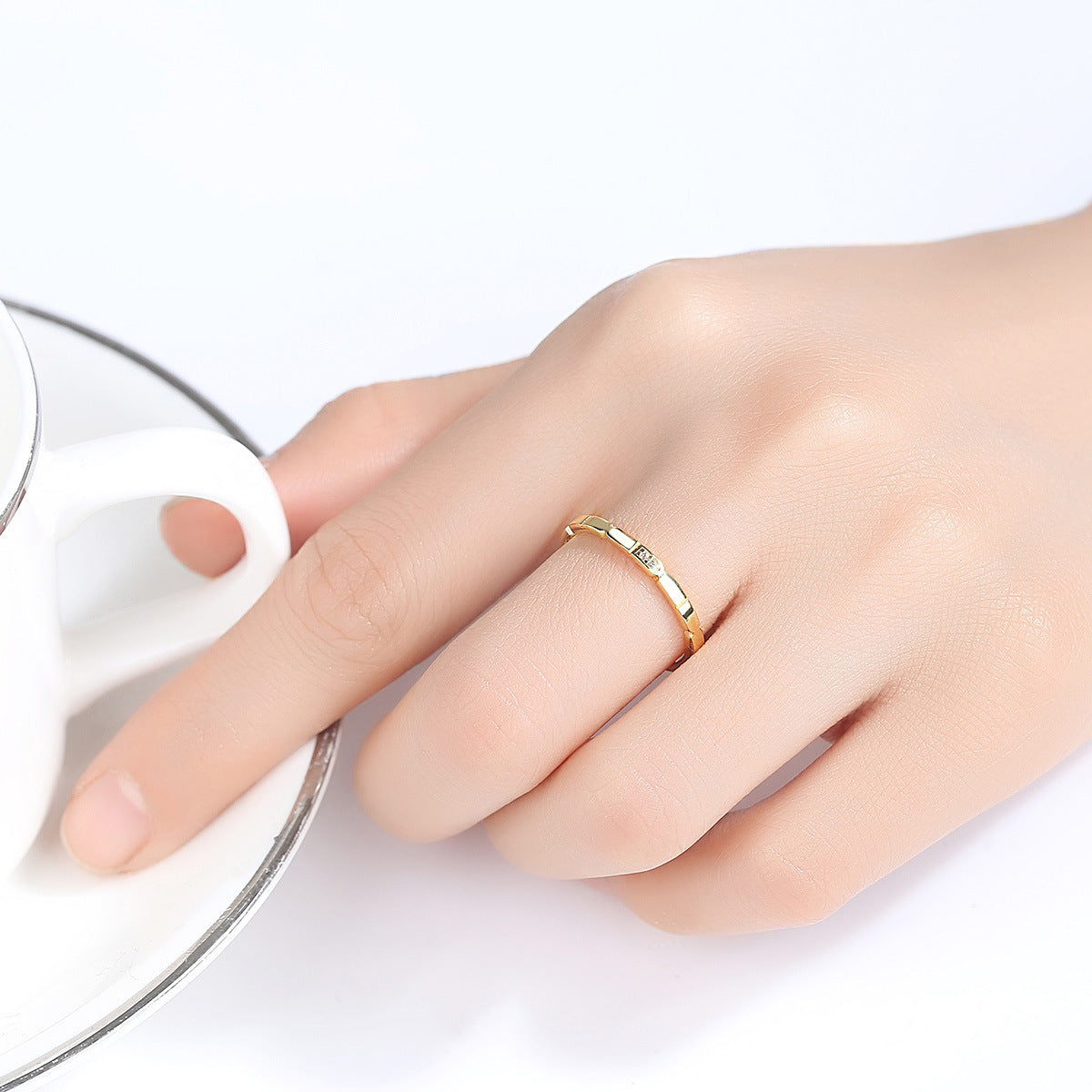 925 Silver Gold Plaid With Round Zircon Ring