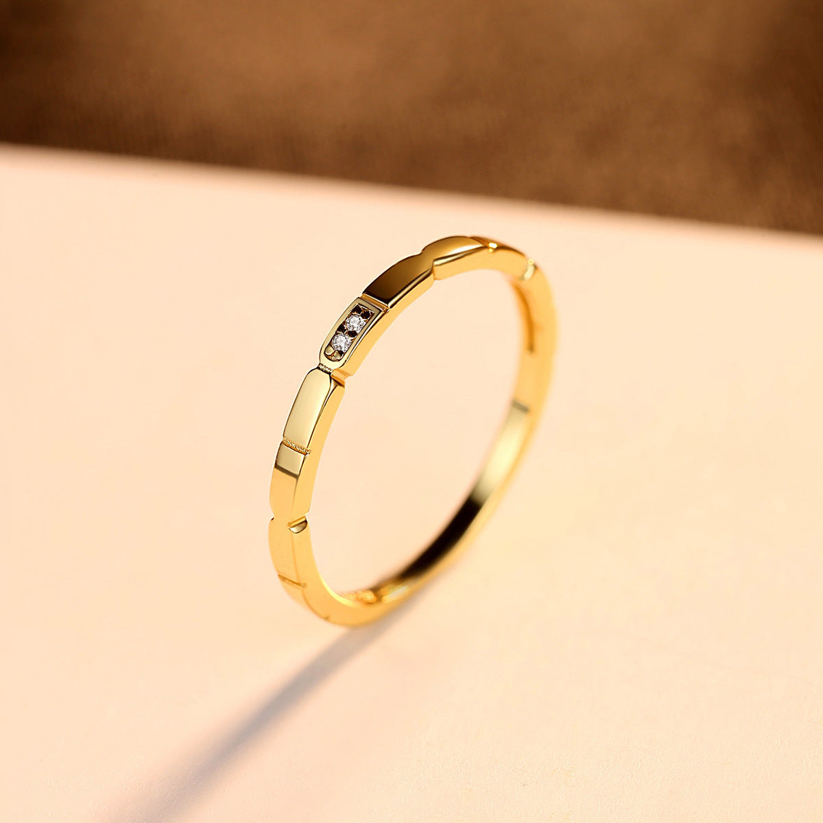 925 Silver Gold Plaid With Round Zircon Ring