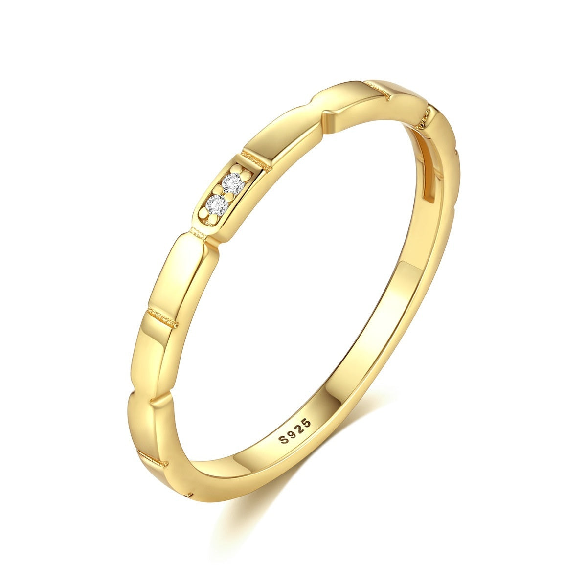 925 Silver Gold Plaid With Round Zircon Ring